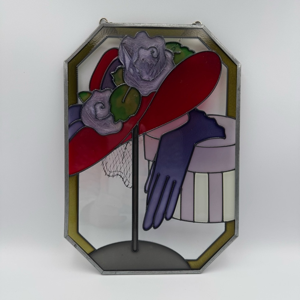 Vintage Red Hat Society Stained Glass Wall Art Window Sun Catcher Red Purple